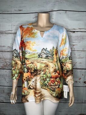 Alfred Dunner Woman NWT Size 2X Scarecrow Pumpkin Fall Theme Keyhole Blouse Top
